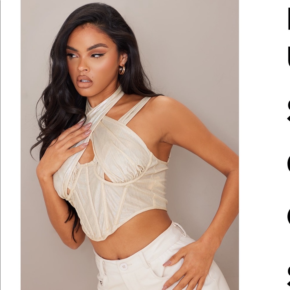 Prettylittlething nude metallic halter neck